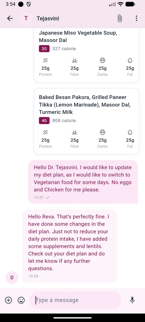 A conversation between a patient and Dr. Tejasvini about updating a diet plan