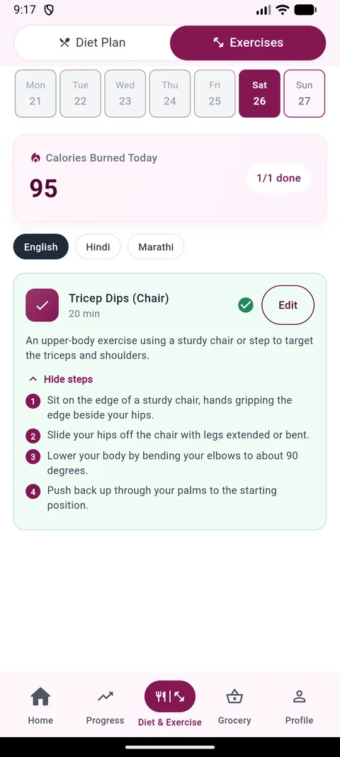 A day's diet plan with logged meals in the Docwellness app