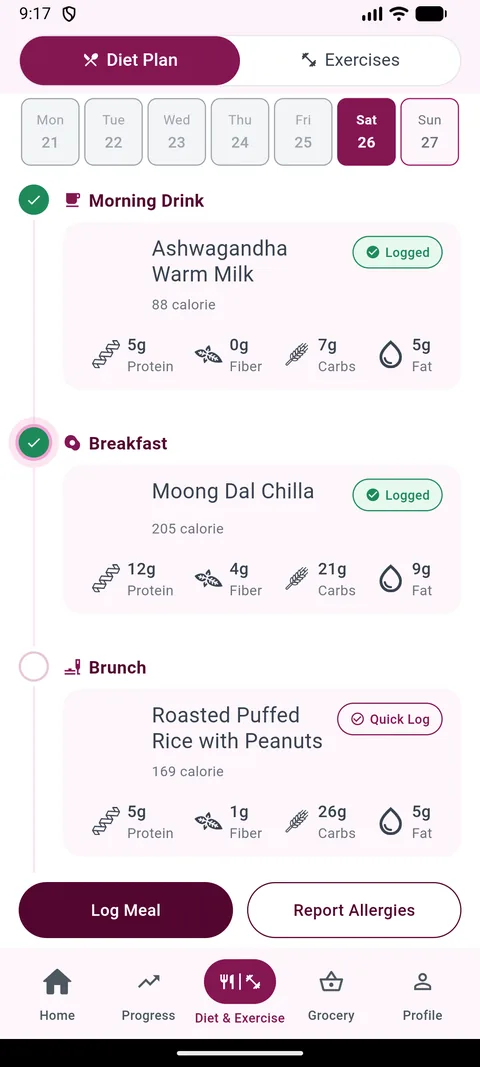 Assigned exercises for the day in the Docwellness app