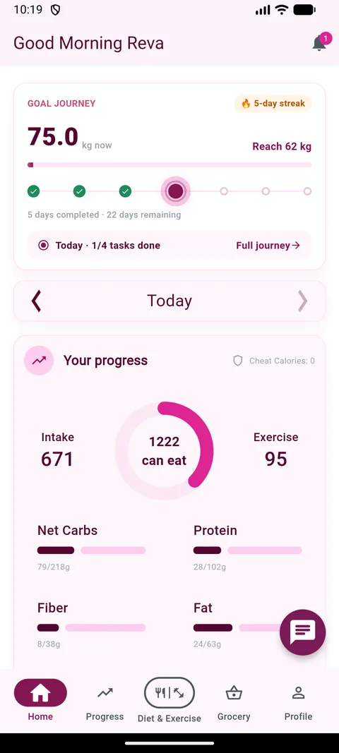 Goal Journey streak tracker showing 5 days completed in a row
