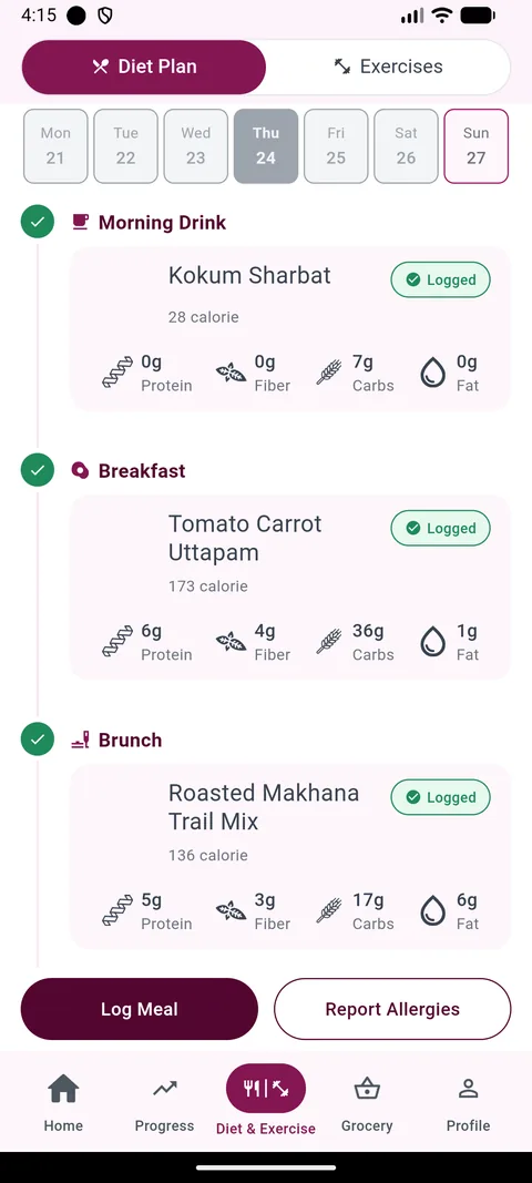 A day's planned meals drawn from the Docwellness recipe library